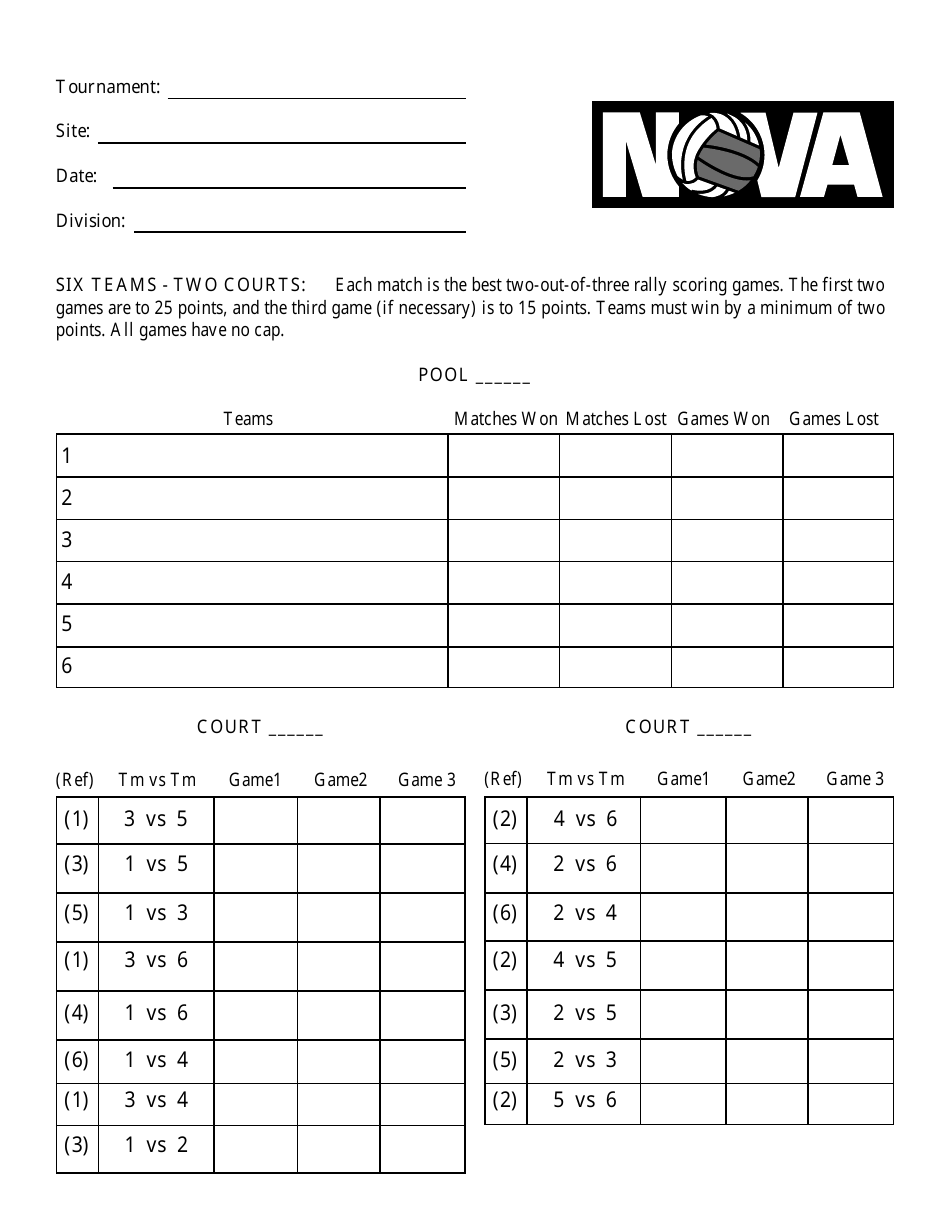 Six Teams Volleyball Tournament Schedule Template - Nova, Page 1