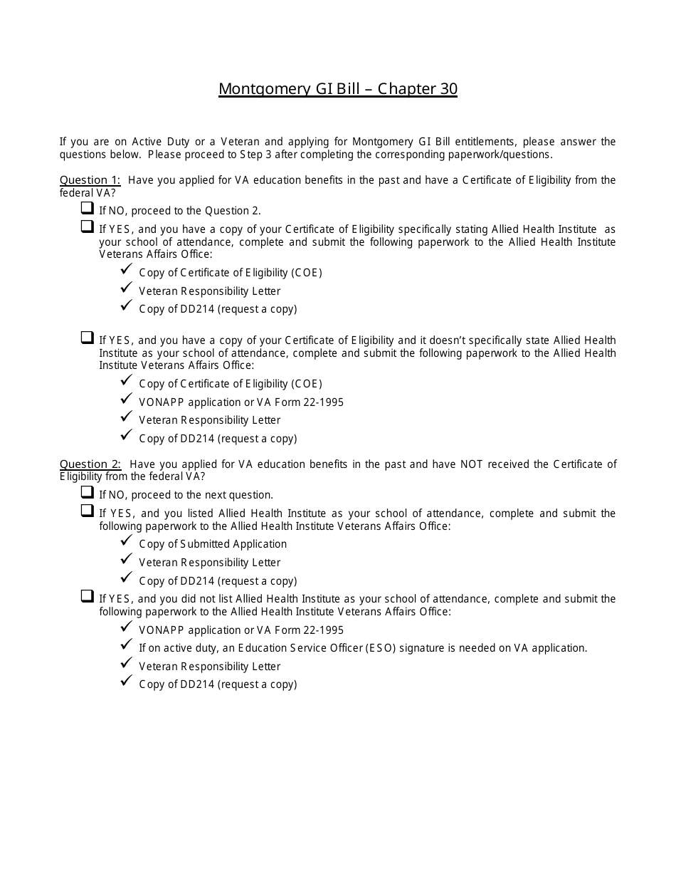 Montgomery Gi Bill - Chapter 30 Checklist, Page 1