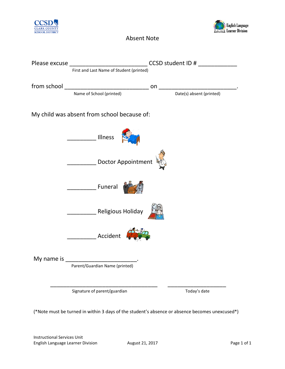 School Absent Note Template - Clark County School District In School Absence Note Template Free