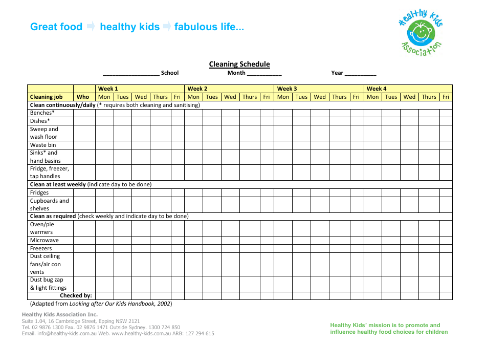 Weekly Cleaning Schedule Template - Healthy Kids Association Inc.