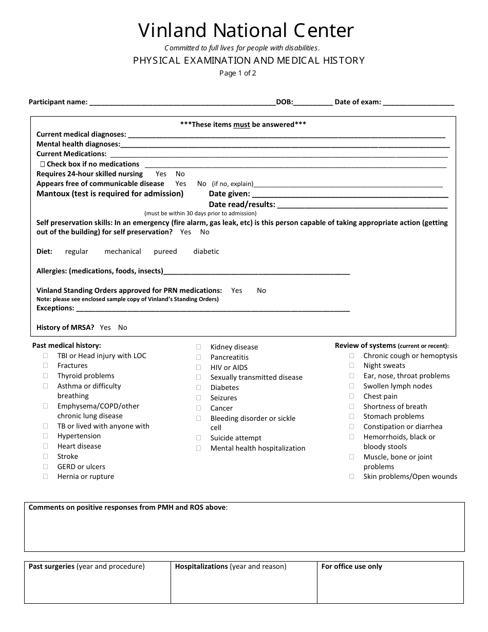 Physical Examination and Medical History Form - Vinland National Center, Page 1
