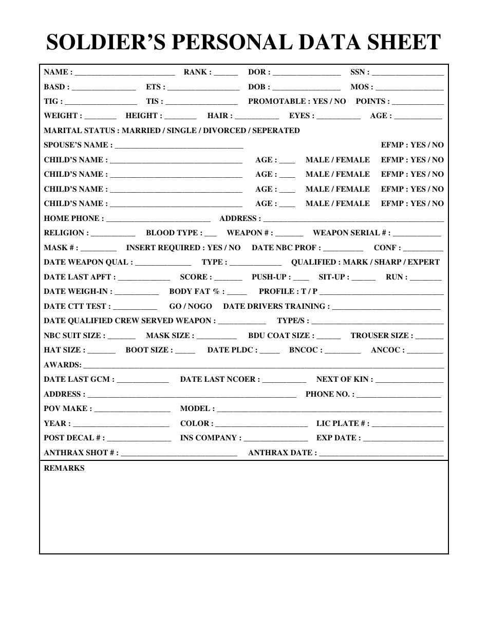 Soldier's Personal Data Sheet - Sample and Printable template