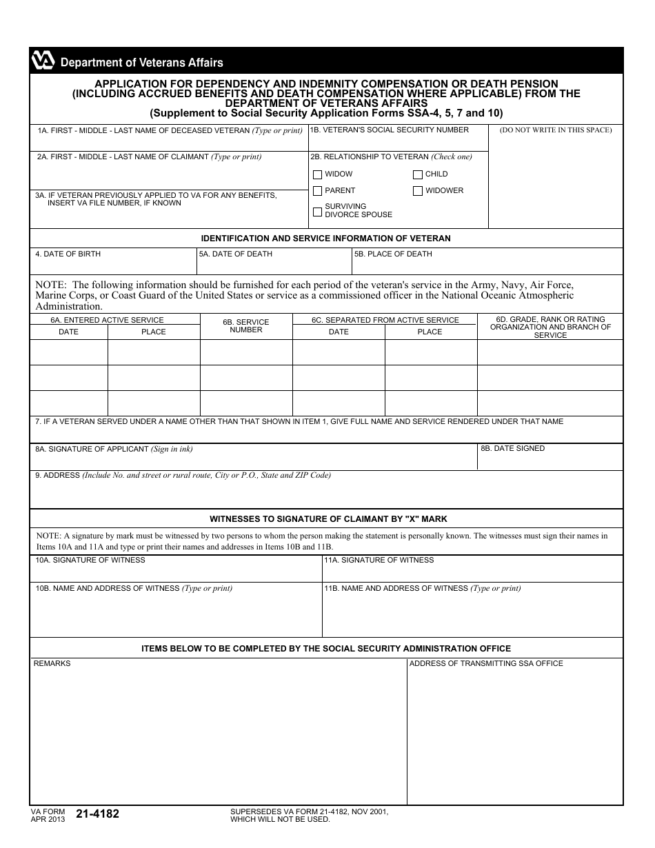VA Form 21-4182 Application for Dependency and Indemnity Compensation or Death Pension (Including Accrued Benefits and Death Compensation Where Applicable) From the Department of Veterans Affairs, Page 1