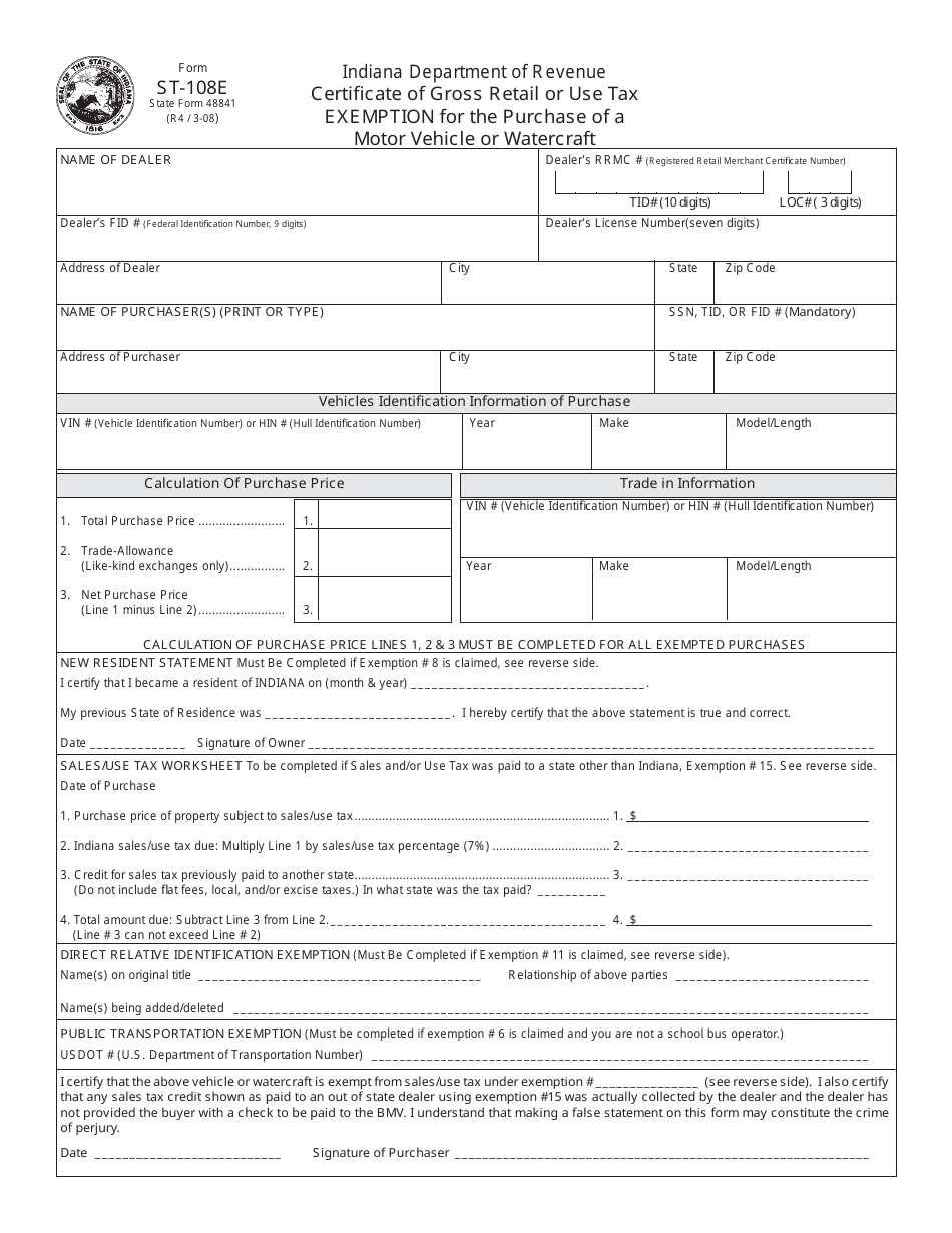 Form ST-108E Certificate of Gross Retail or Use Tax Exemption for the Purchase of a Motor Vehicle or Watercraft - Indiana, Page 1