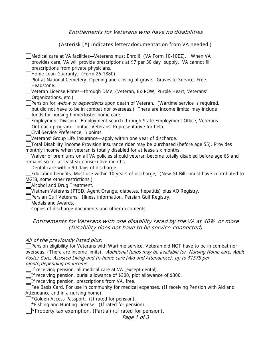 Entitlements for Veterans Who Have No Disabilities Checklist Form - Oregon, Page 1