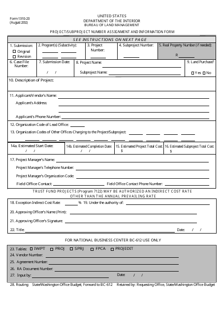 Form 1310-20 Project/Subproject Number Assignment and Information Form