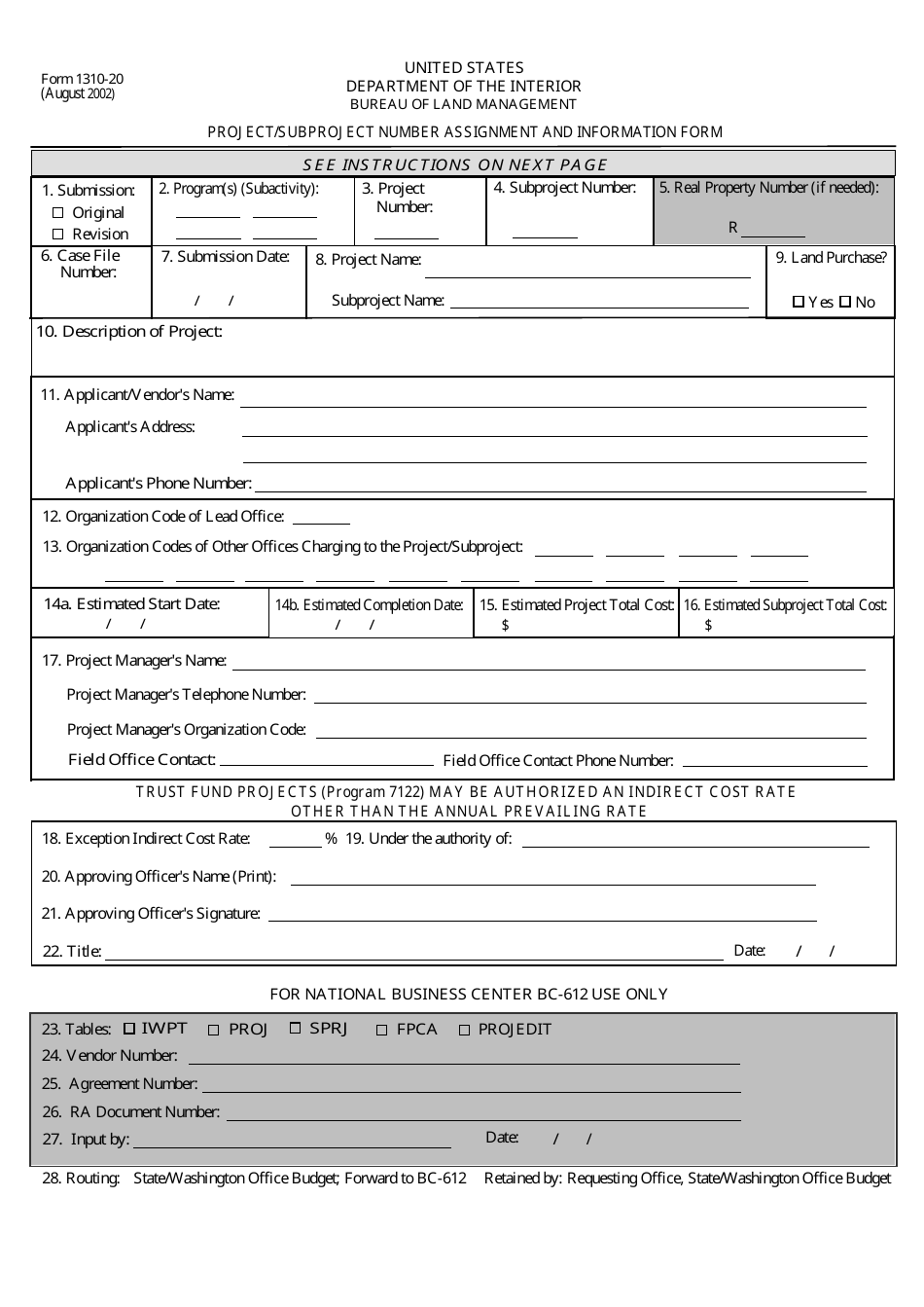 Form 1310-20 Project / Subproject Number Assignment and Information Form, Page 1
