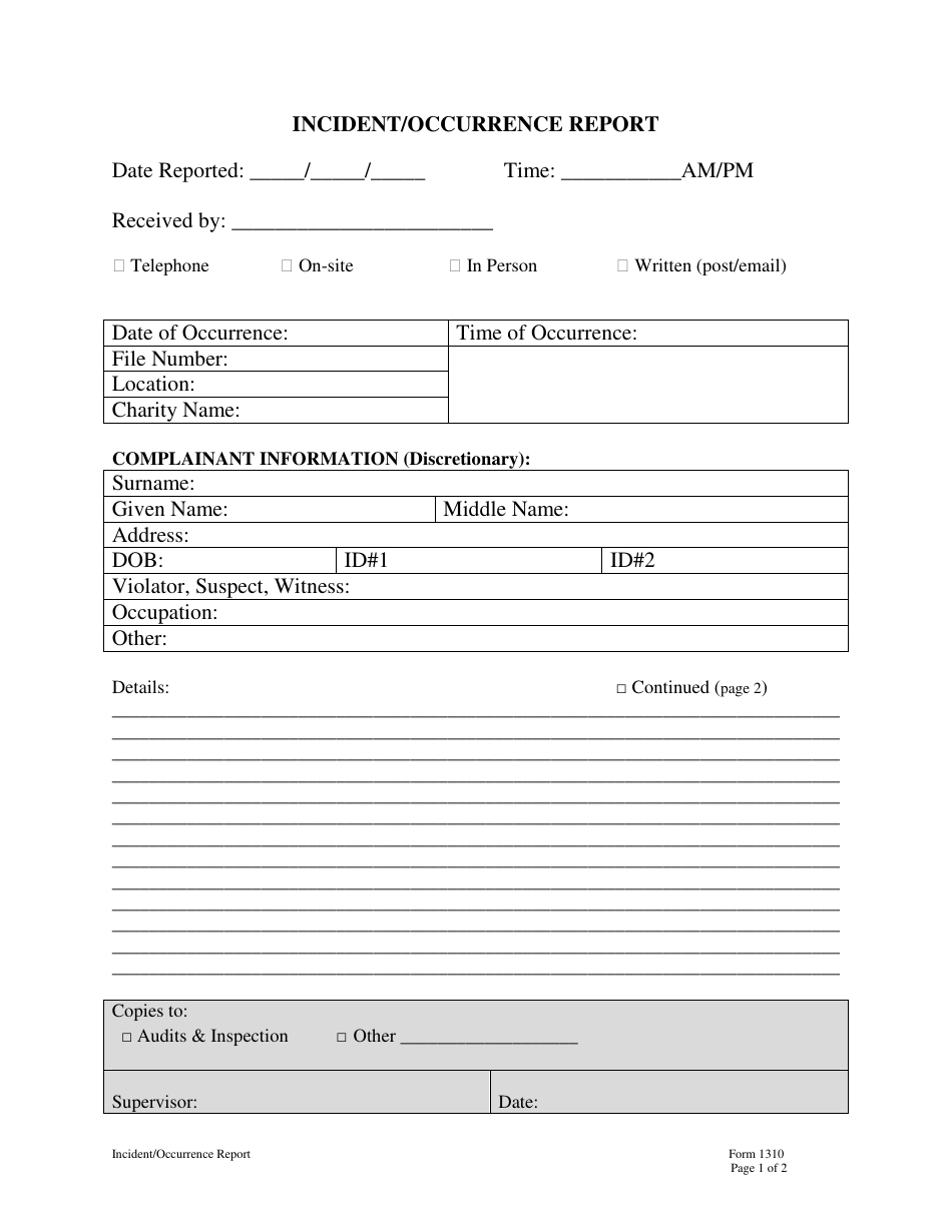 Incident / Occurrence Report Form, Page 1