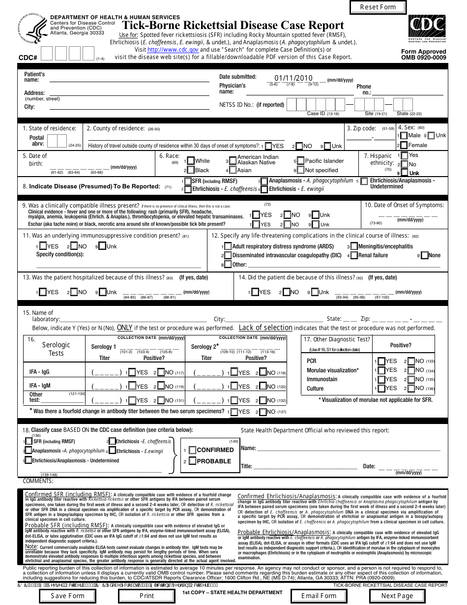 Tick-Borne Rickettsial Disease Case Report Form, Page 1