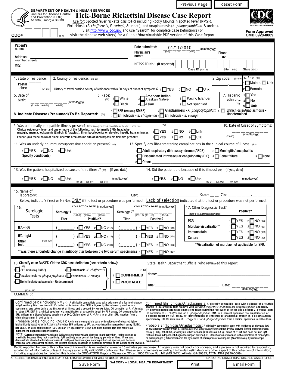 Tick-Borne Rickettsial Disease Case Report Form, Page 3