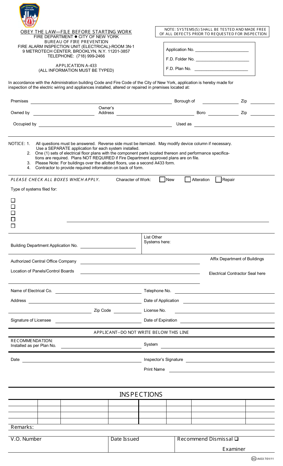Form A-433 Inspection Report - New York City, Page 1