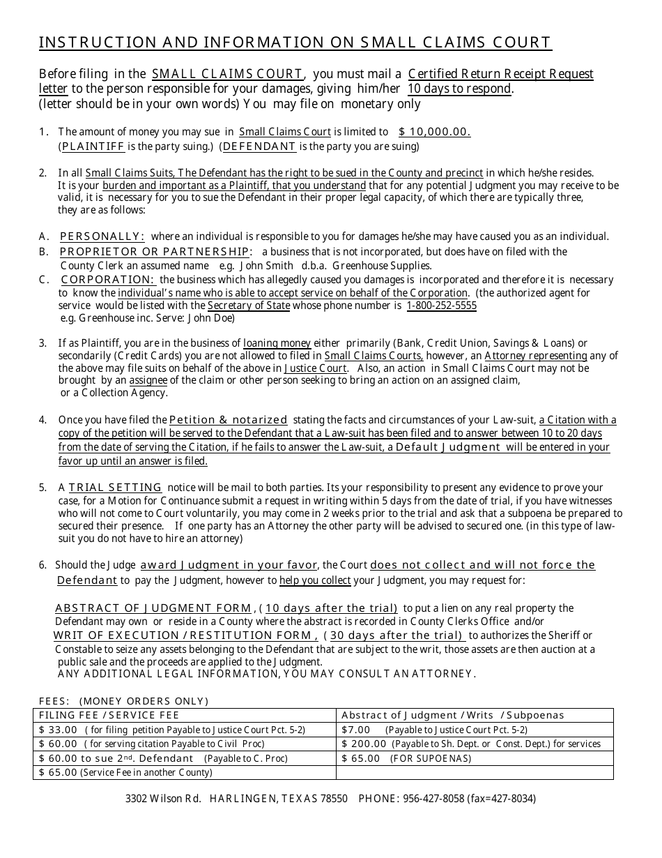 Plaintiffs Original Petition in Small Claims Court Form - Texas, Page 1