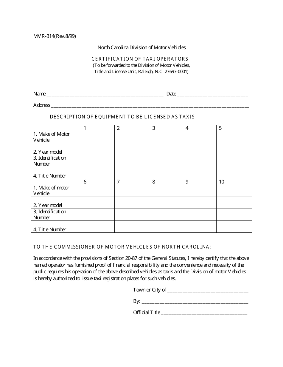 Form MVR-314 Certification of Taxi Operators - City of Winston-Salem, North Carolina, Page 1