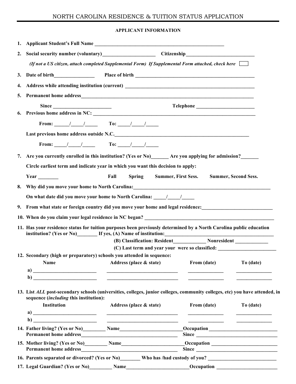 North Carolina Residence  Tuition Status Application Form - North Carolina, Page 1