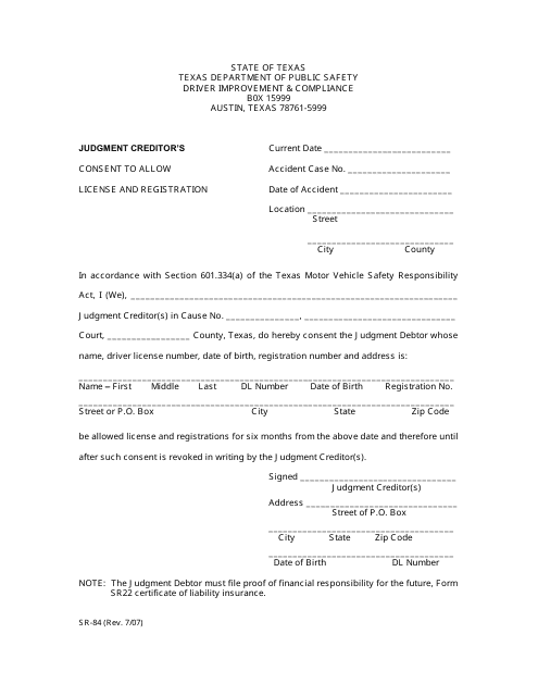 Form SR-84 Judgment Creditors Consent to Allow License and Registration - Texas