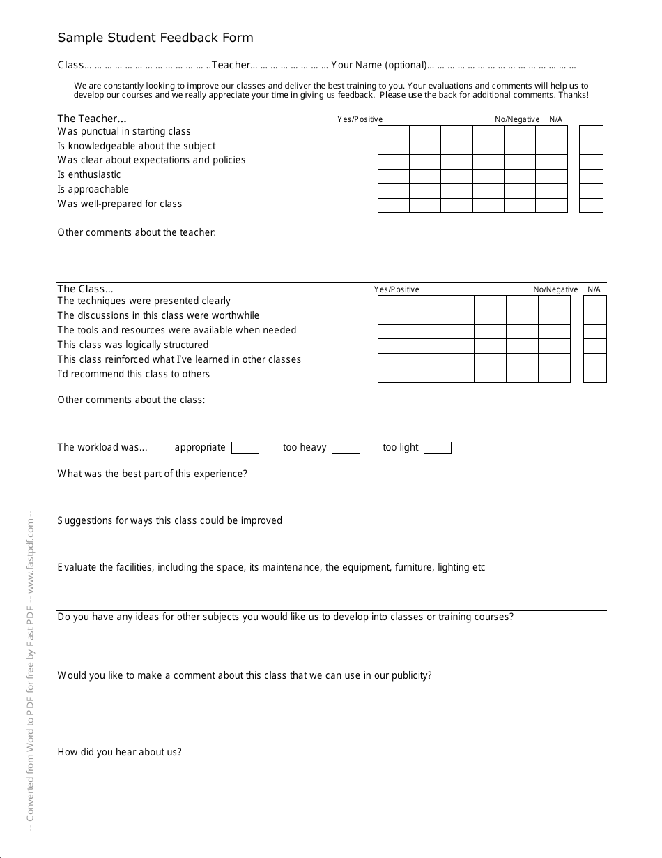 Student Feedback Form - Sample Download Printable PDF  Templateroller Inside Student Feedback Form Template Word