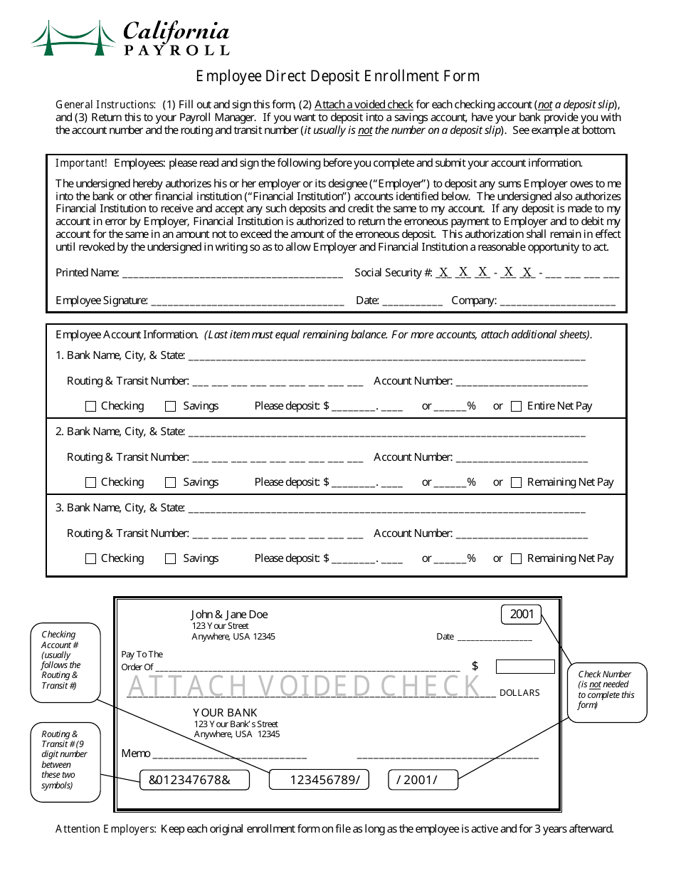 Employee Direct Deposit Enrollment Form - Califonia Payroll - California, Page 1