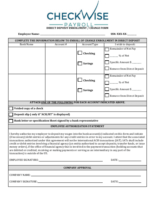 &quot;Direct Deposit Enrollment / Change Form - Checkwise Payroll&quot; - New York Download Pdf