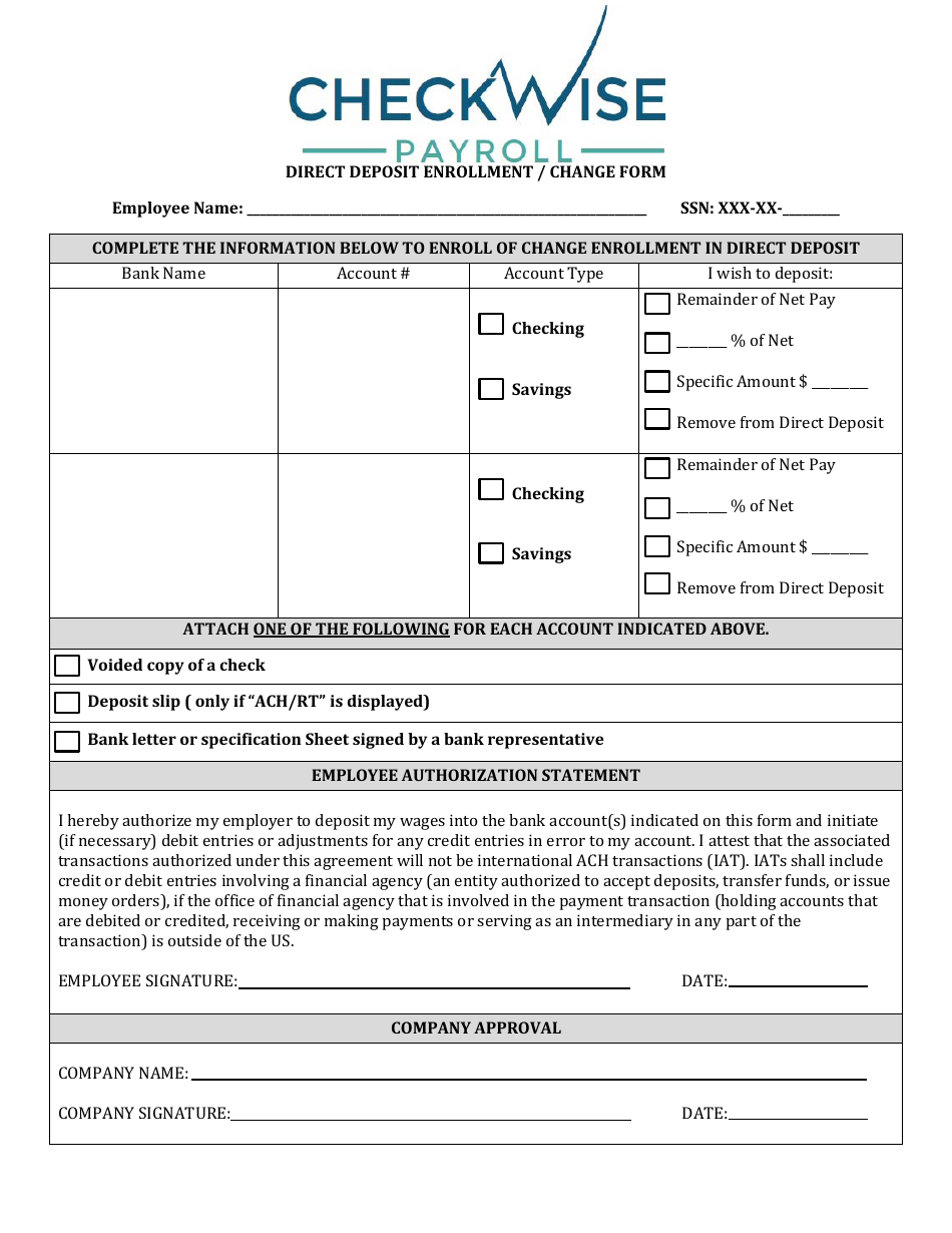 Direct Deposit Enrollment / Change Form - Checkwise Payroll - New York, Page 1