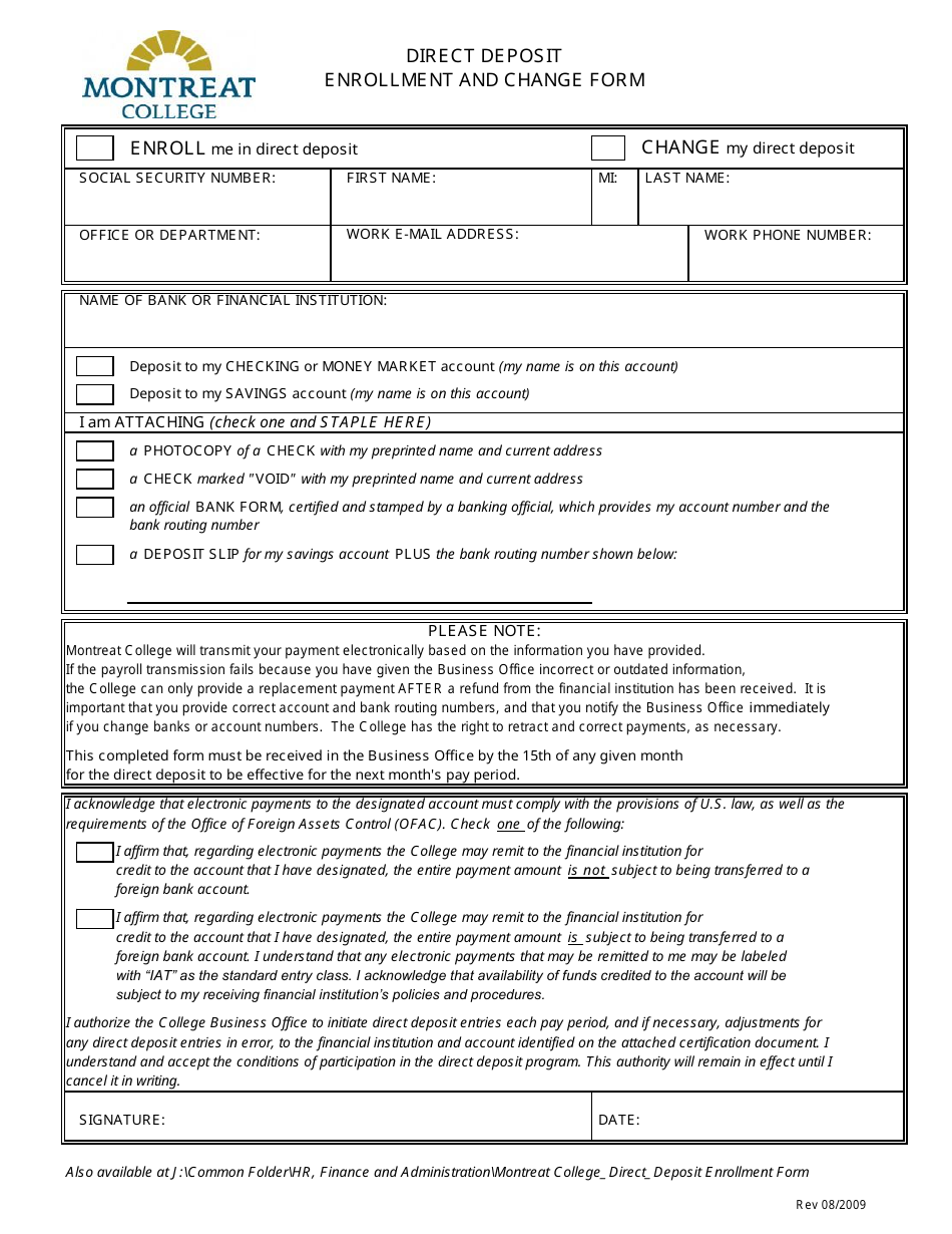 Direct Deposit Enrollment and Change Form - Montreat College - North Carolina, Page 1