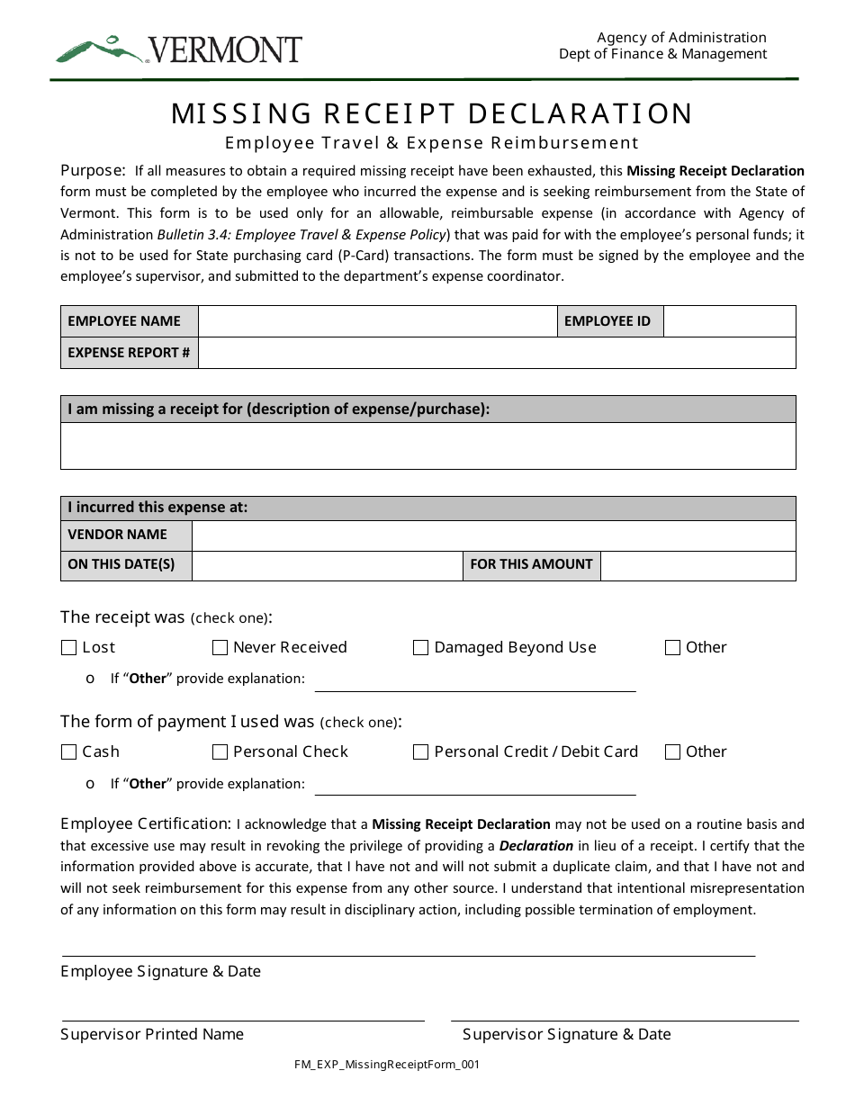 vermont missing receipt declaration download fillable pdf templateroller