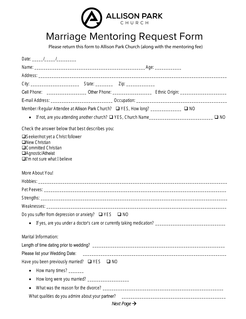 Marriage Mentoring Request Form - Allison Park Church - Pennsylvania, Page 1