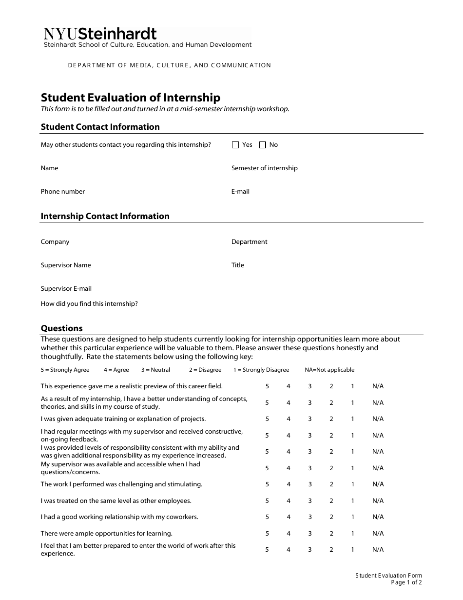 Student Evaluation of Internship - NYU Steinhardt