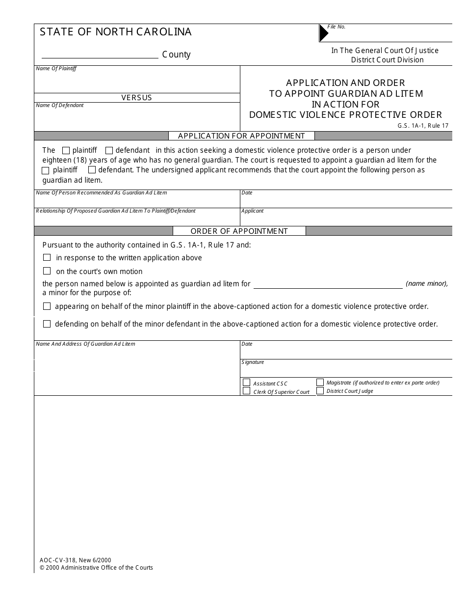 Form AOC-CV-318 Application and Order to Appoint Guardian Ad Litem in Action for Domestic Violence Protective Order - North Carolina, Page 1