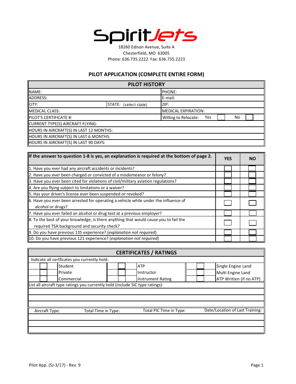 Pilot Application Form - Spiritjets, Page 1