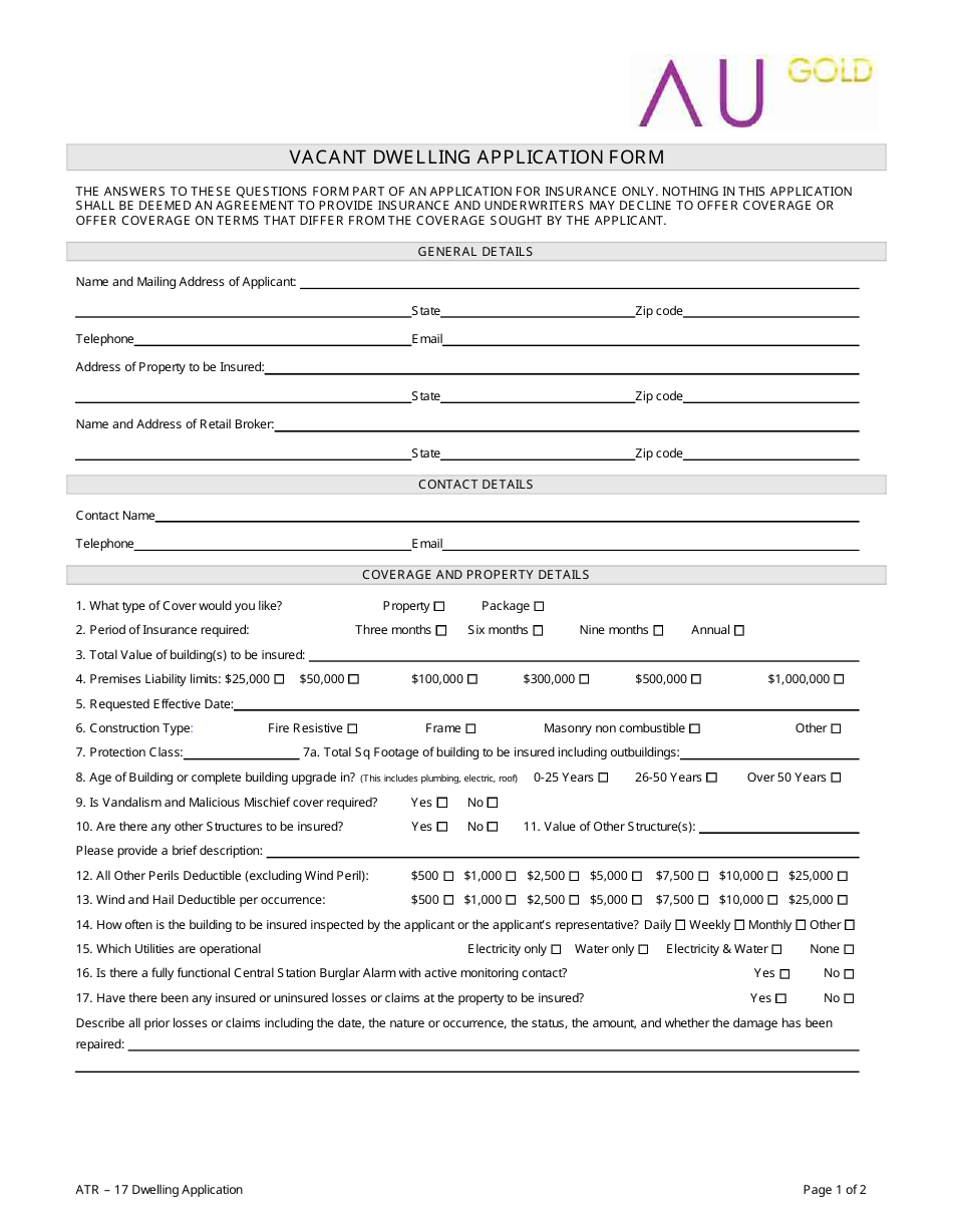 Vacant Dwelling Application Form - Au Gold, Page 1