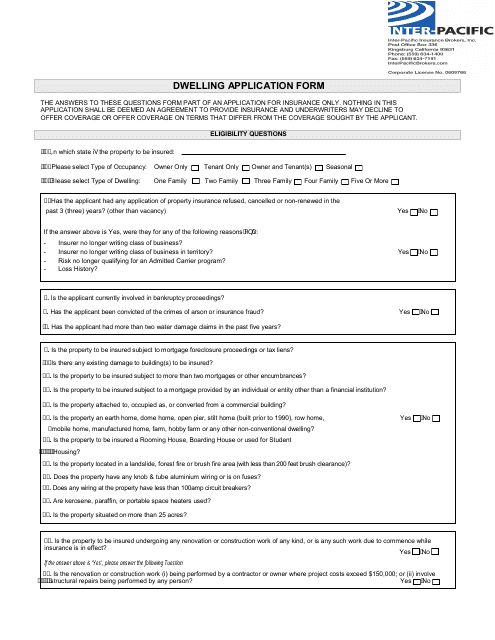 Dwelling Application Form - Inter-Pacific Insurance Brokers