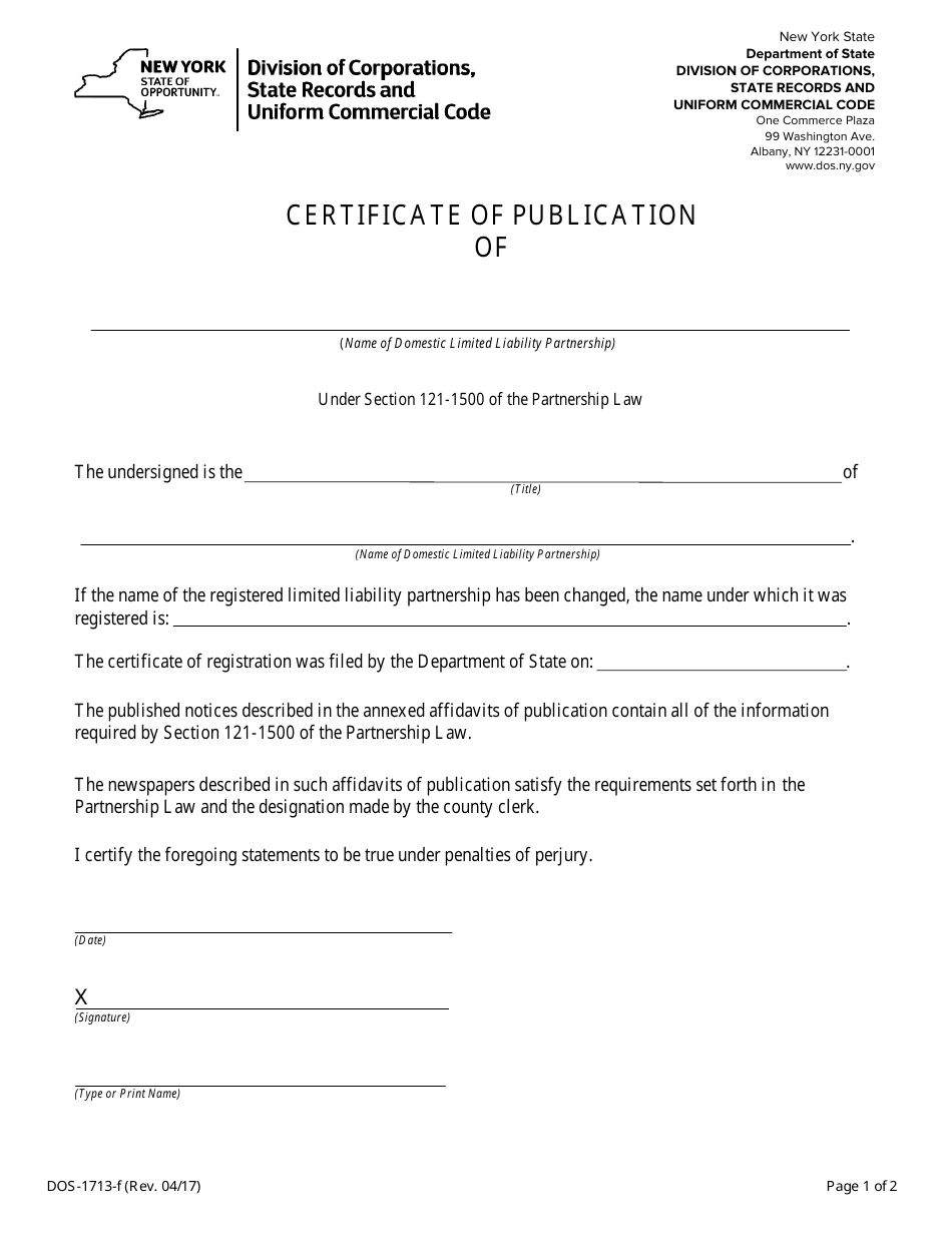Form DOS-1713-F Certificate of Publication - New York, Page 1