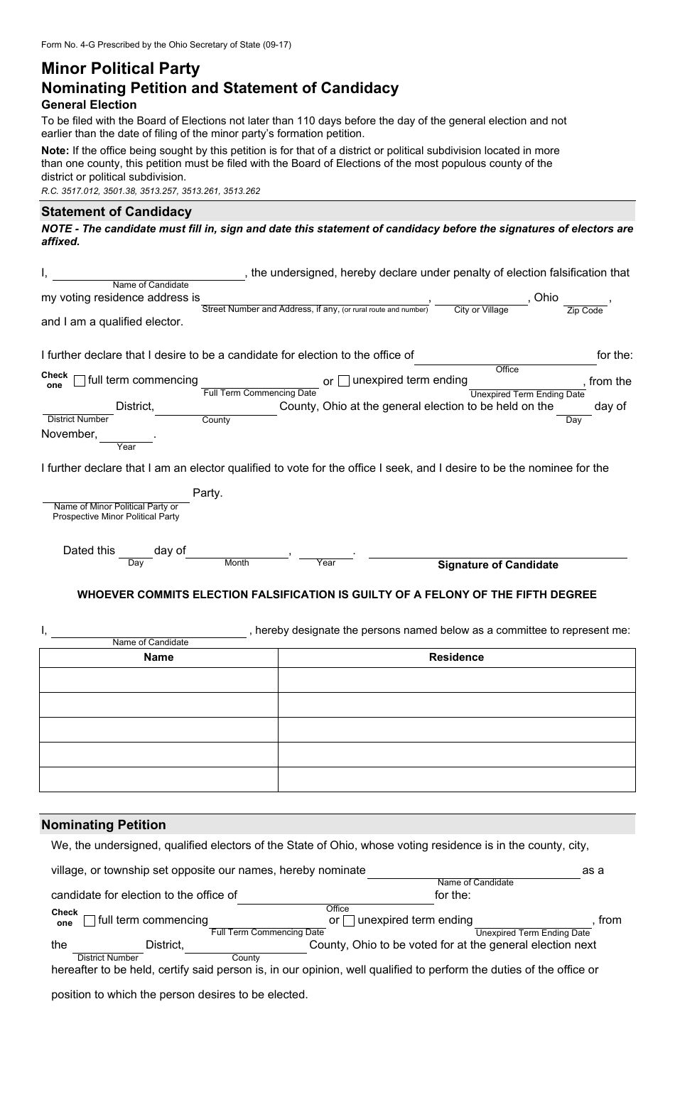 Form 4-G Minor Political Party Nominating Petition - General Election - Ohio, Page 1