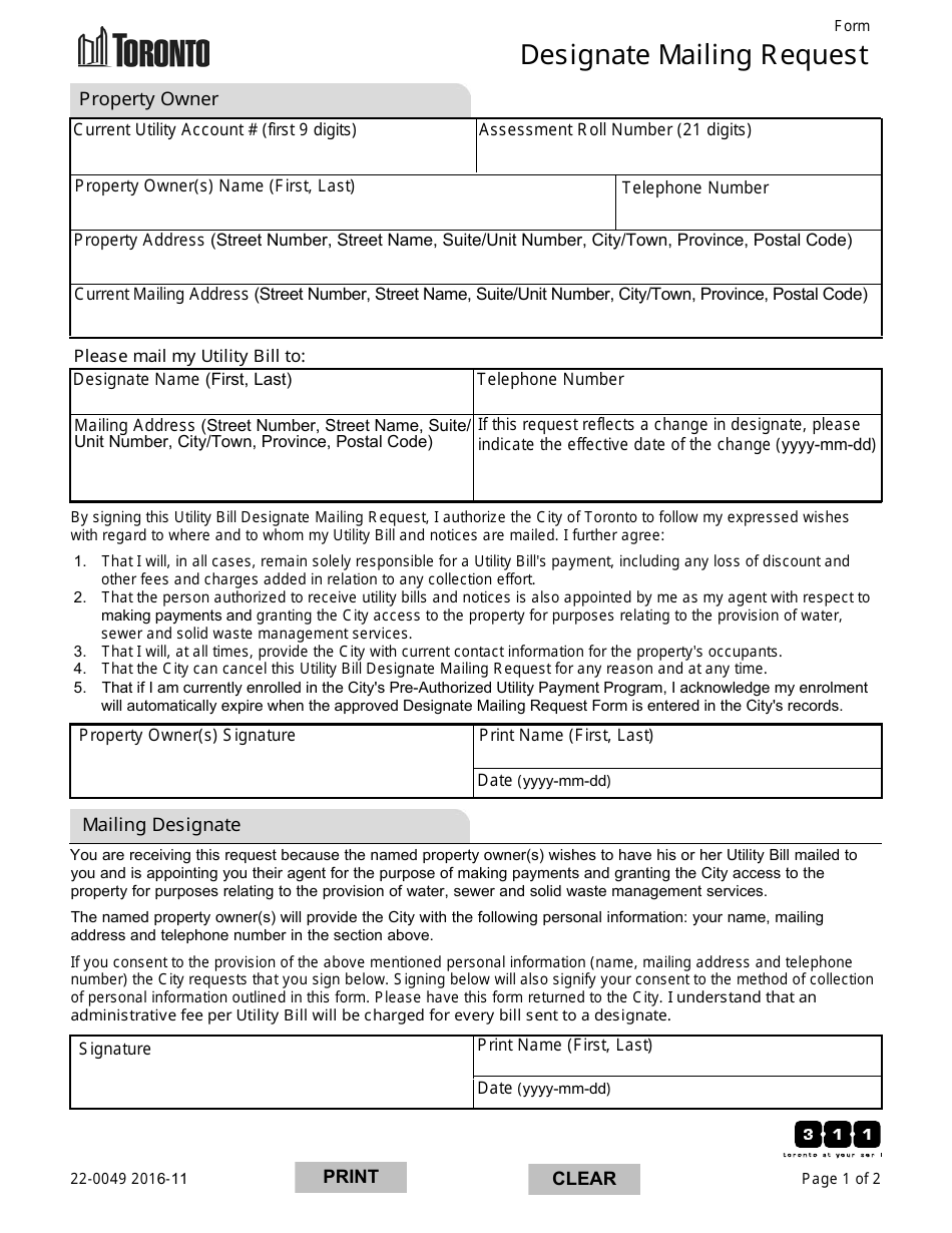 Form 22-0049 Designate Mailing Request - City of Toronto, Ontario, Canada, Page 1