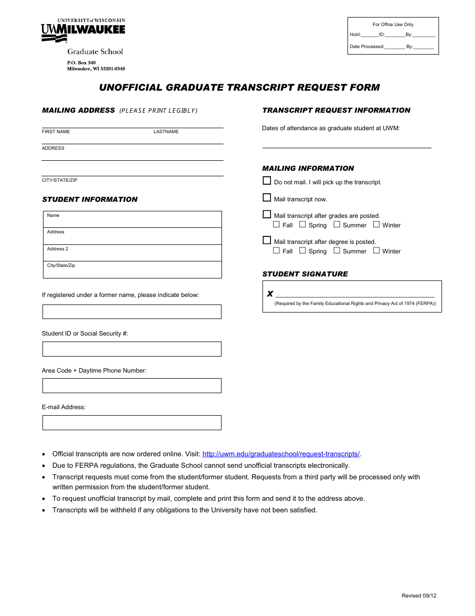 Unofficial Graduate Transcript Request Form - University of Wisconsin - Milwaukee, Wisconsin, Page 1