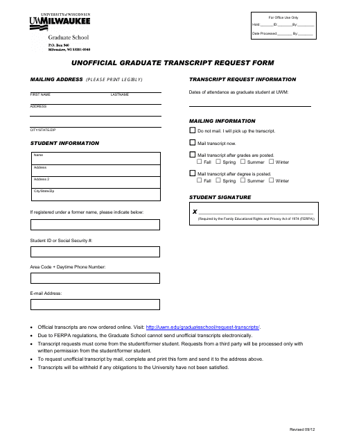 Unofficial Graduate Transcript Request Form - University of Wisconsin - Milwaukee, Wisconsin Download Pdf