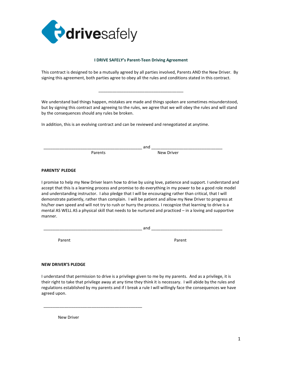 Parent-Teen Driving Agreement Template - I Drive Safely, Page 1