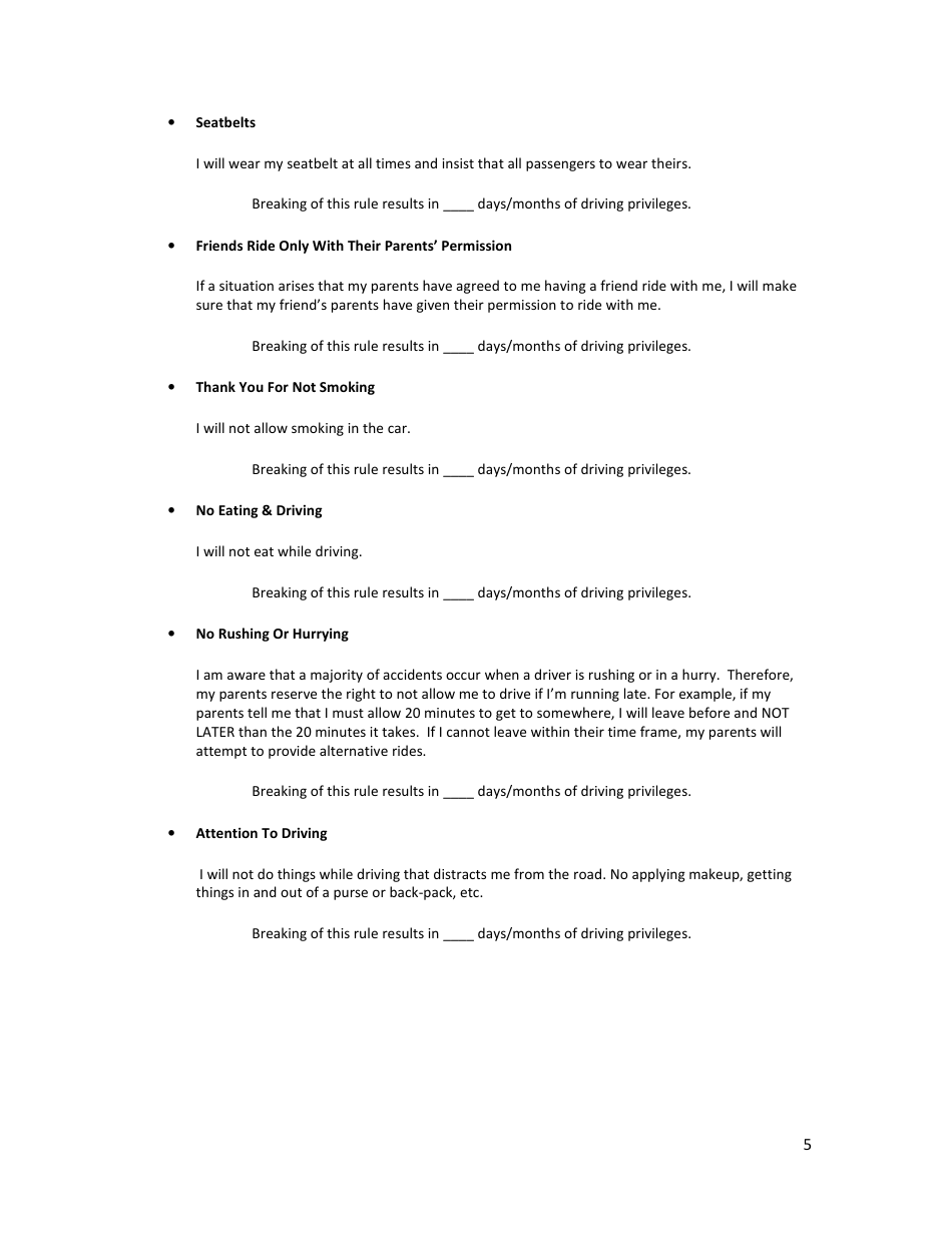 Parent-Teen Driving Agreement Template - I Drive Safely, Page 5