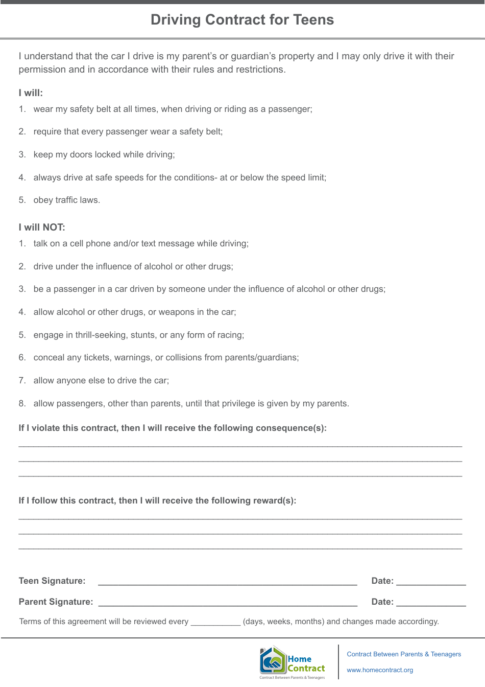Driving Contract for Teens Template - Home Contract, Page 1
