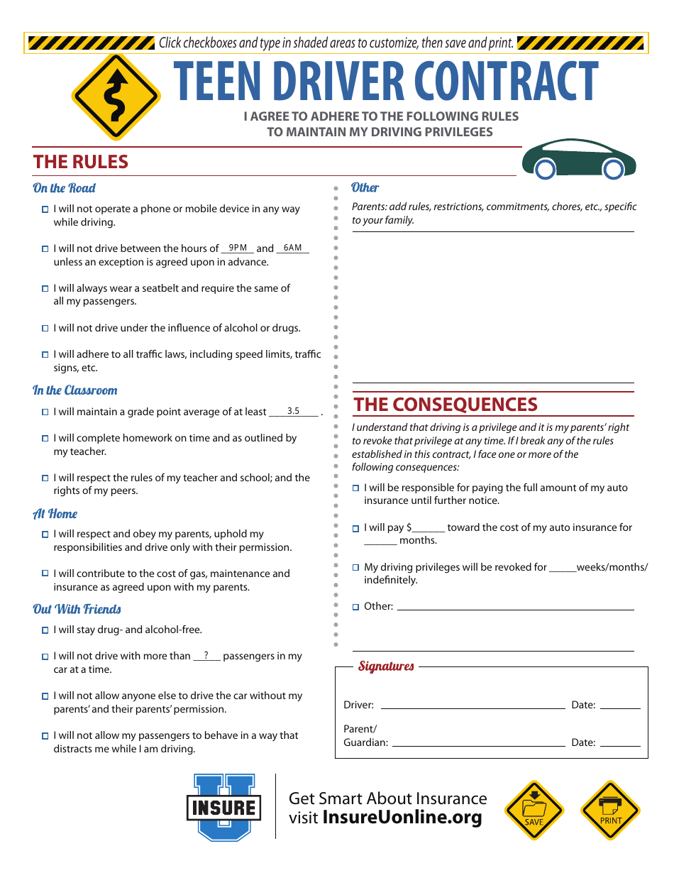 Teen Driver Contract Template - Insure U, Page 1
