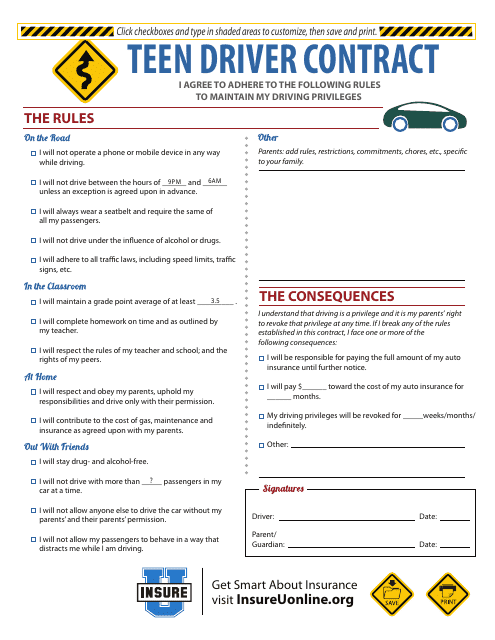 Teen Driver Contract Template - Insure U Download Pdf