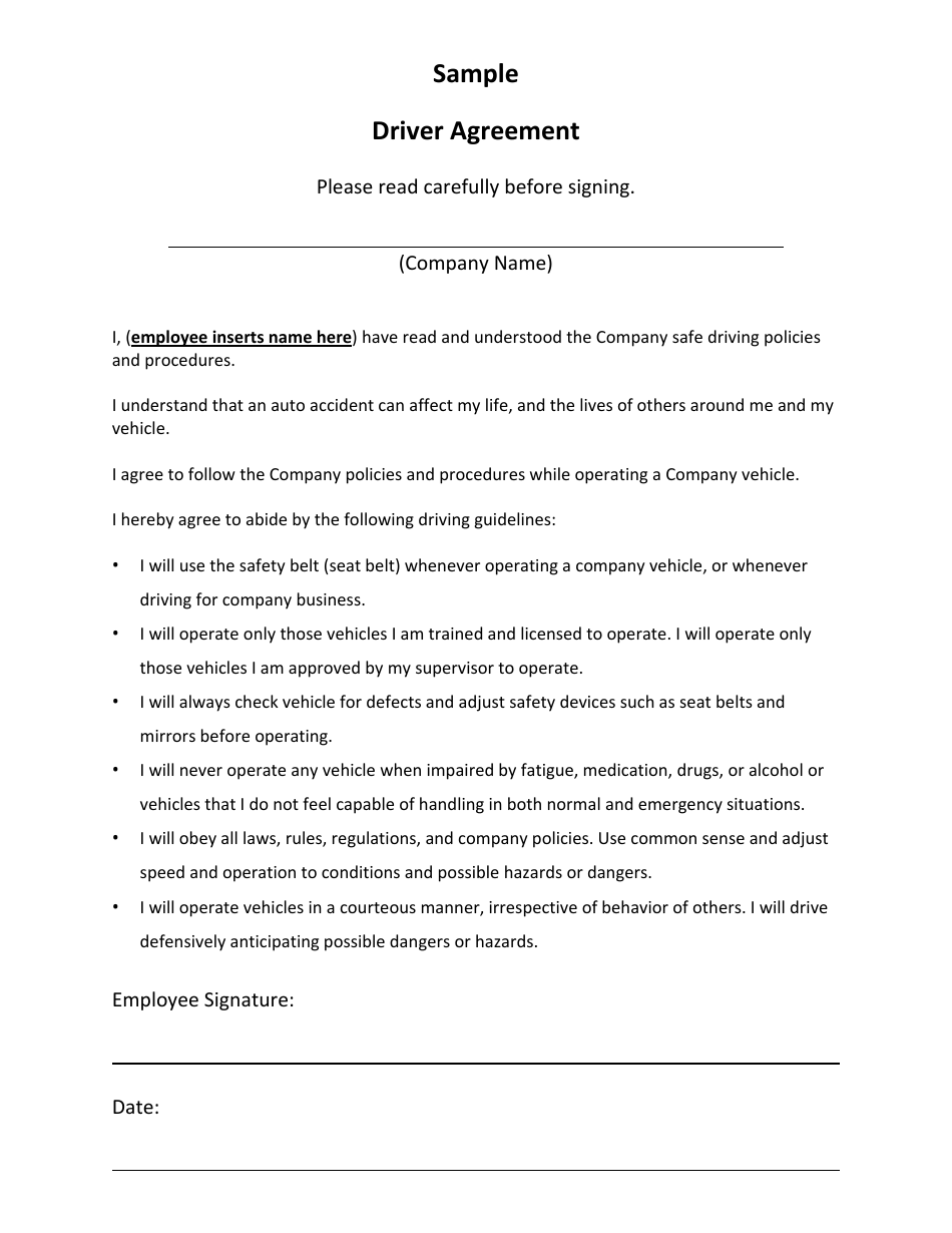 Driver Agreement Template Fill Out, Sign Online and Download PDF