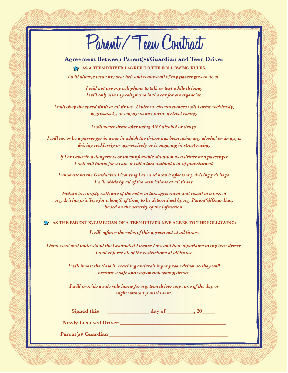 Parent / Teen Driving Agreement Template, Page 1