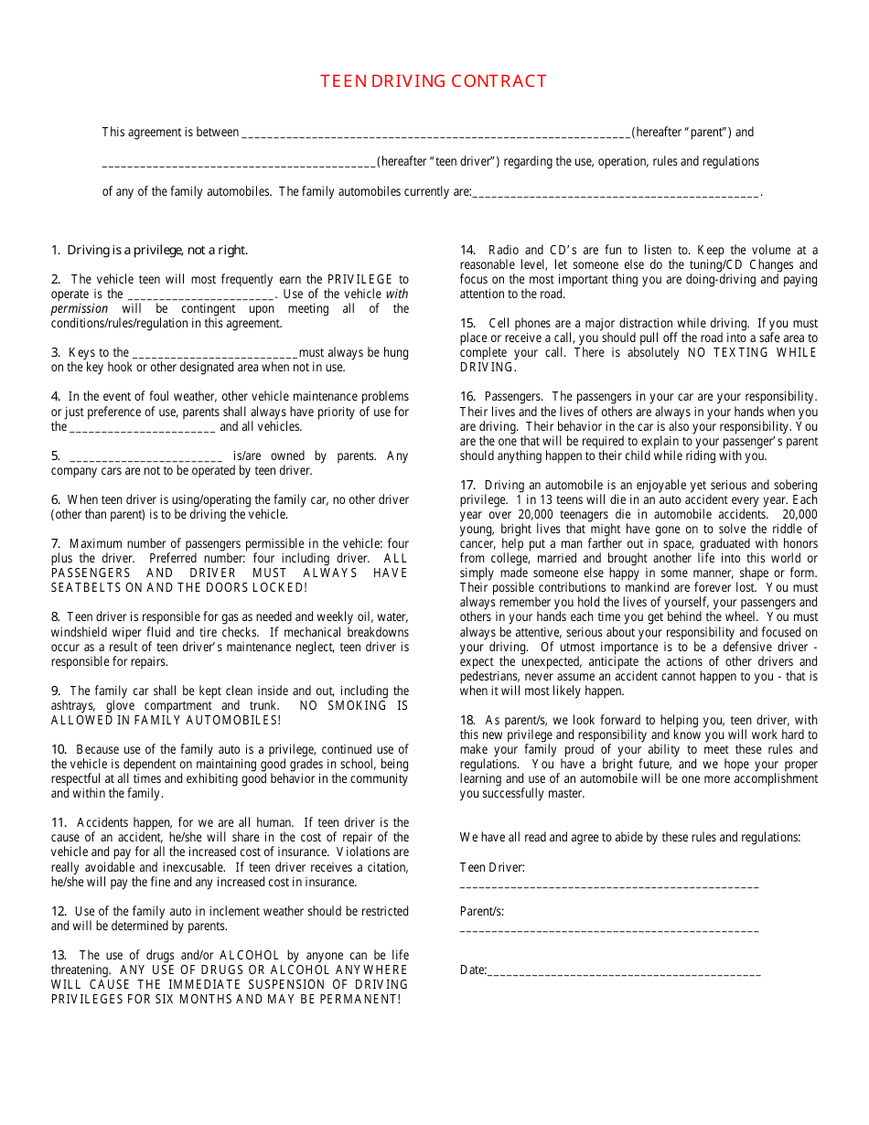 Teen Driving Contract Template - Red, Page 1