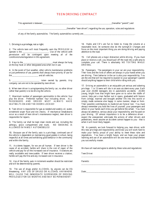 Teen Driving Contract Template - Red Download Pdf