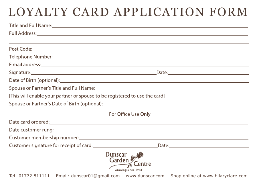 Loyalty Card Application Form - Dunscar Garden Centre Download Pdf