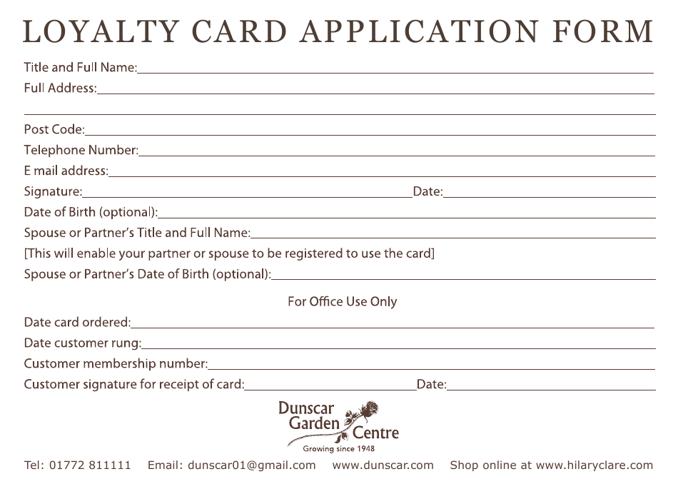 Loyalty Card Application Form - Dunscar Garden Centre, Page 1