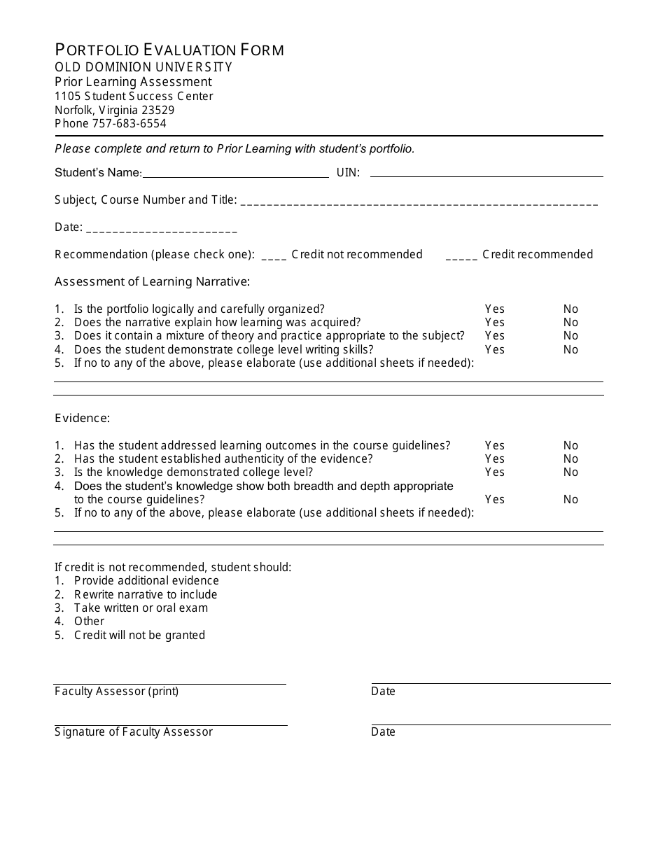 Portfolio Evaluation Form - Old Dominion University - Virginia, Page 1