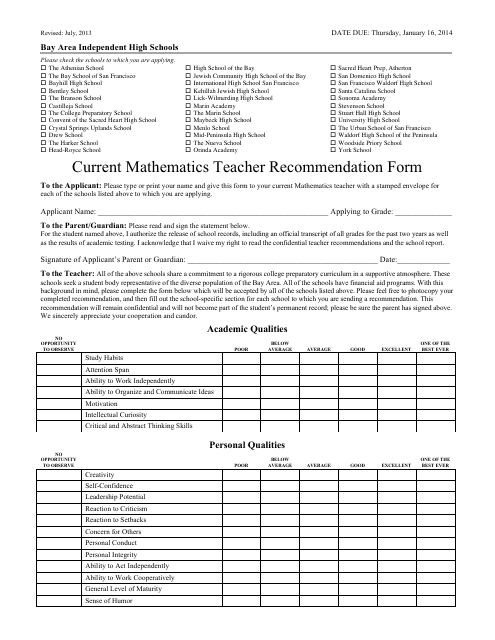 Current Mathematics Teacher Recommendation Form