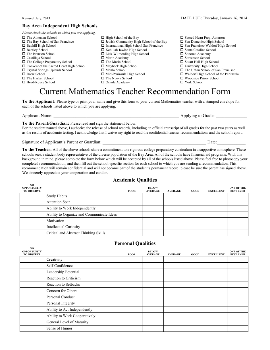 Current Mathematics Teacher Recommendation Form, Page 1